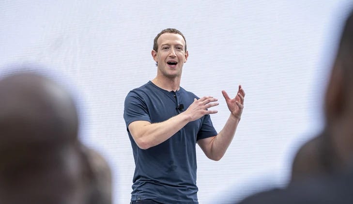 Mark Zuckerberg, chief executive officer of Meta Platforms Inc., during the Meta Connect event in Menlo Park, California, US, on Wednesday, Sept. 27, 2023. Meta Platforms Inc. introduced its latest lineup of head-worn devices, staking fresh claim to the virtual and augmented-reality industry just ahead of Apple Inc. pushing into the market. Photographer: David Paul Morris/Bloomberg via Getty Images