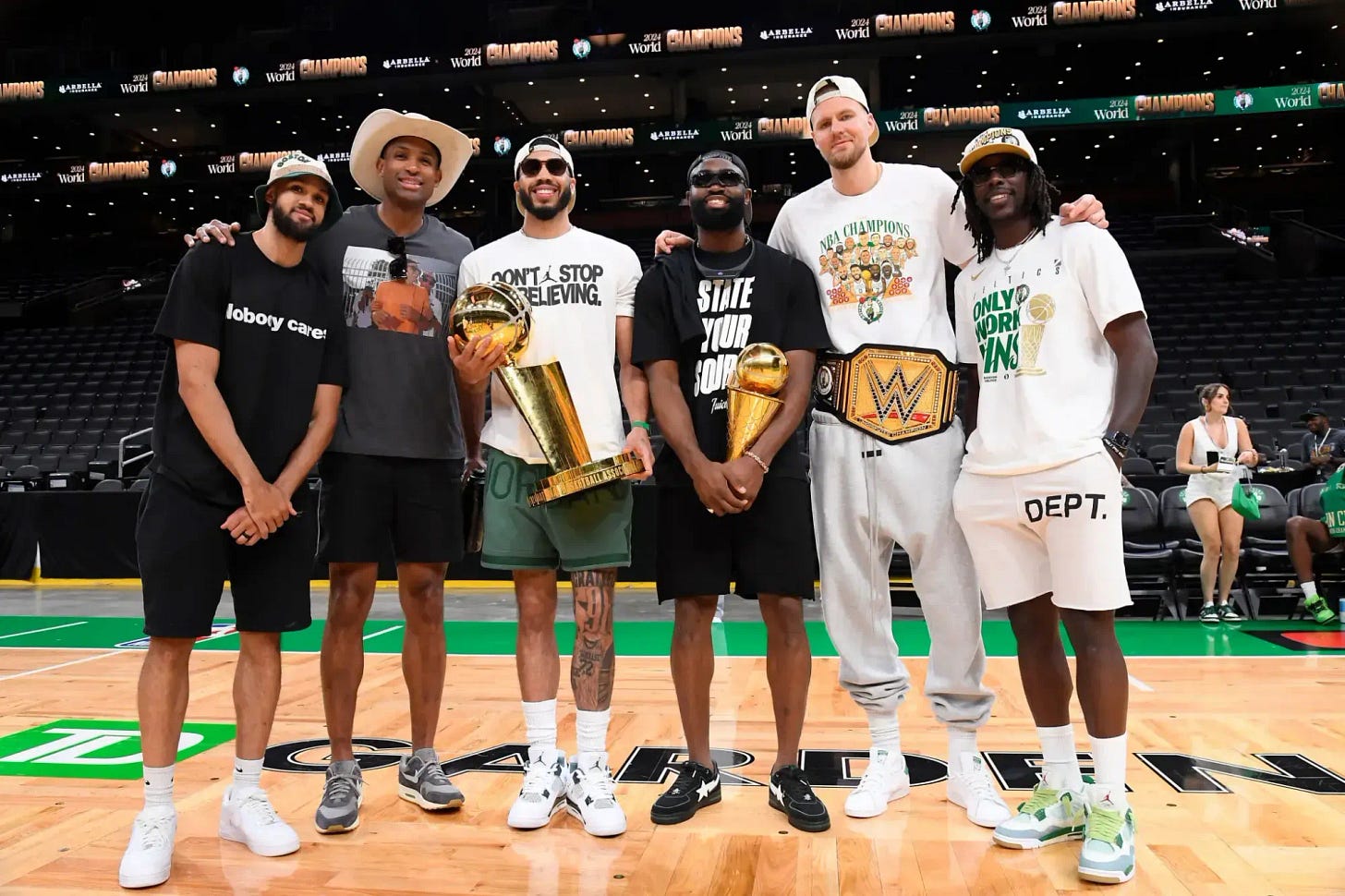 The Boston Celtics top-six rotation, consisting of Derrick White, Al Horford, Jayson Tatum, Jaylen Brown, Kristaps Porzingis and Jrue Holiday