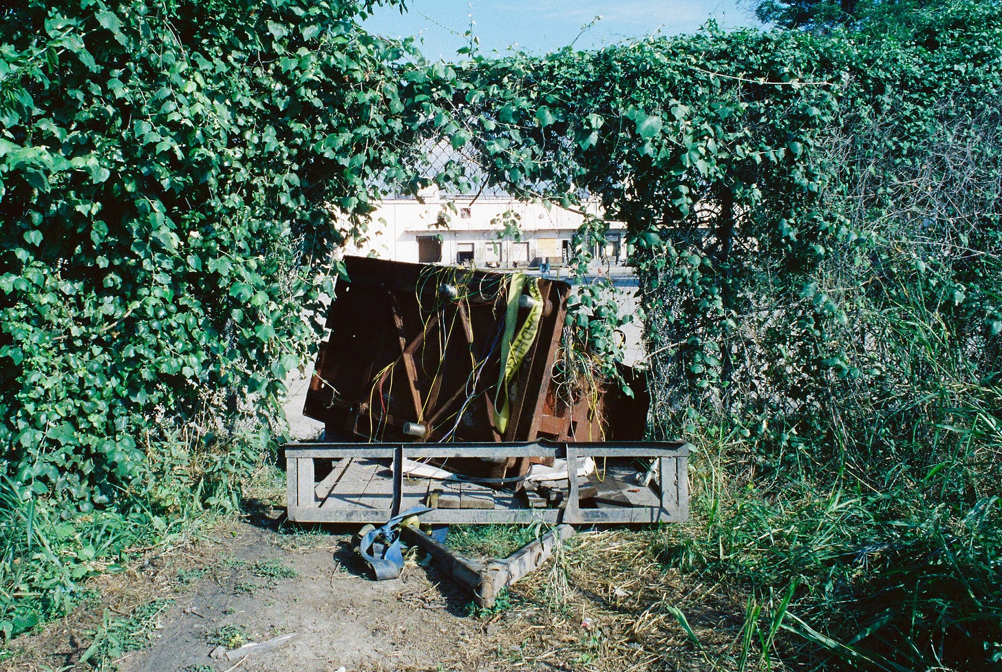 Steel object on a trailer stuck in a chain link fence covered in mustang vine