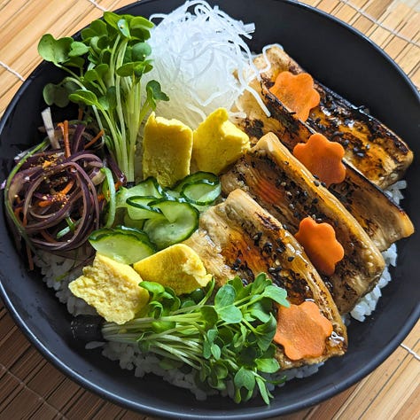 Eggplant unagi three ways: sushi rolls with avocado and torched topping, a modern sushi bowl with vegetables and plant-based egg, and a chirashi bowl with cucumber, egg shreds, and carrot caviar.