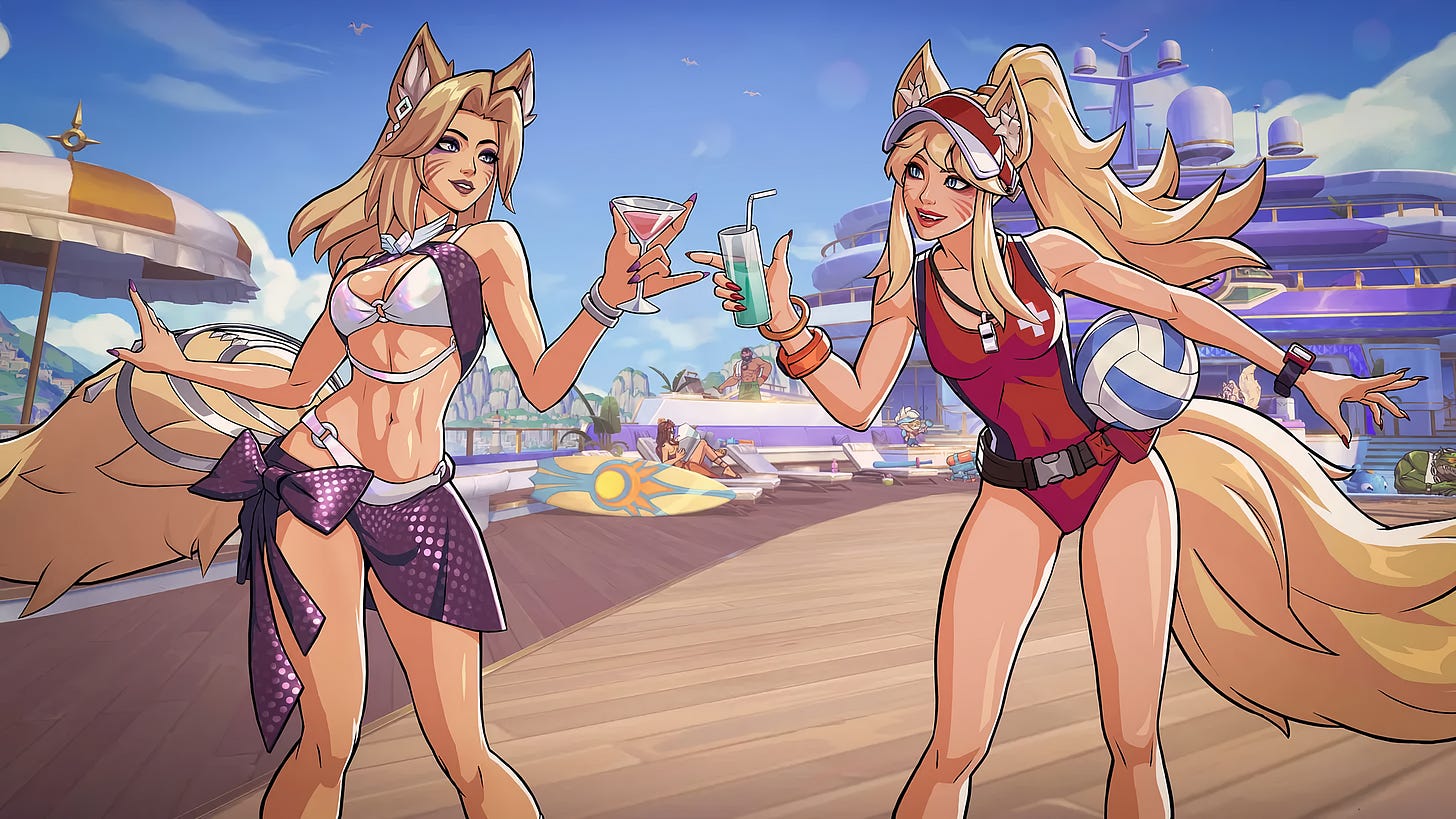 Two stylized versions of Ahri from 2XKO stand on a sunny yacht deck in Pool Party outfits. One wears a white-and-purple bikini with a sheer purple wrap and holds a pink drink, while the other wears a red sporty swimsuit with a visor, volleyball, and teal drink. The background shows a bright ocean-resort setting with lounge chairs, umbrellas, a large yacht structure, blue sky, and summer vacation scenery.