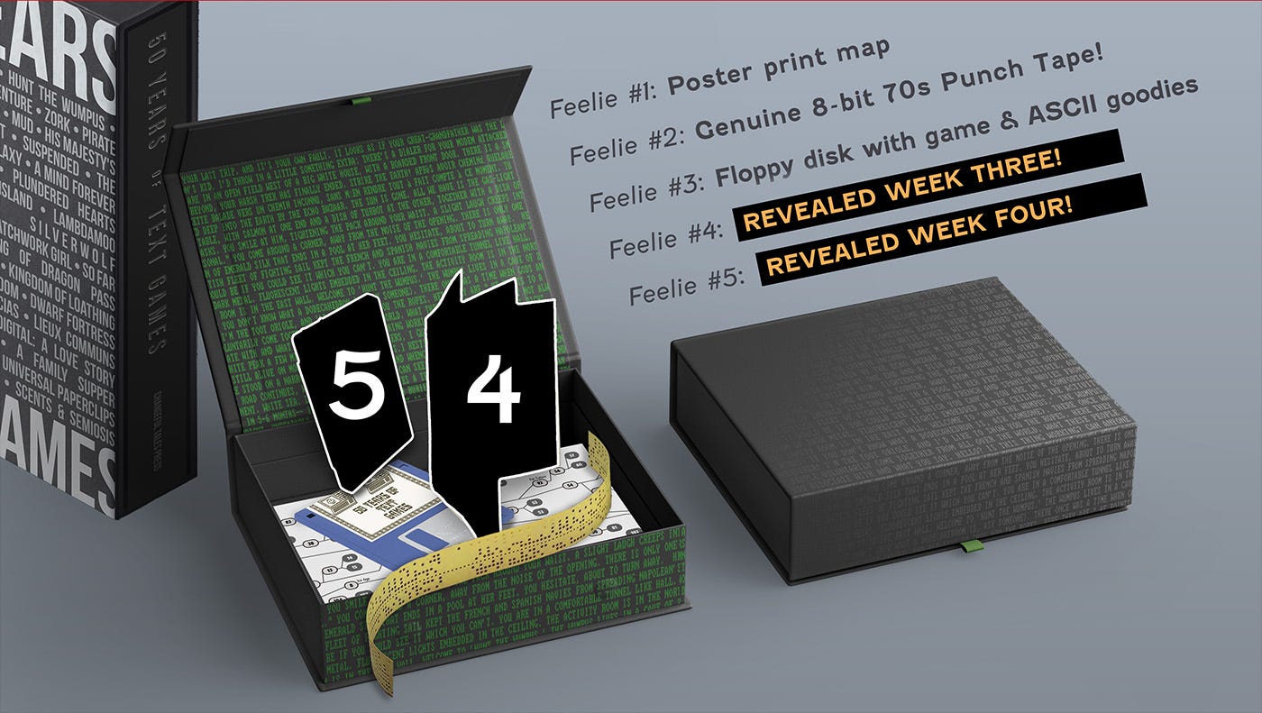 Promo image of Ultimate Collector's Edition feelies box showing first 3 items revealed.