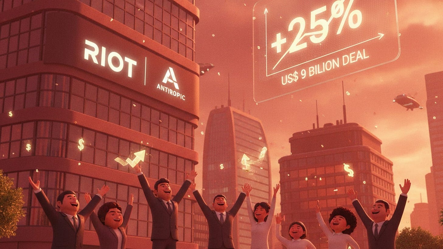 Riot fecha contrato de US$ 9 bilhões com Anthropic e ações sobem 25% Riot fecha contrato de US$ 9 bilhões com Anthropic e ações sobem 25%