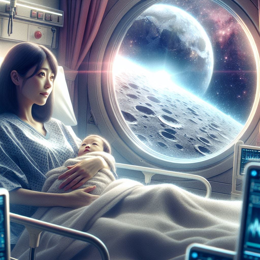 japanese woman 30-years old laying in a hospital bed with a baby in arms, window reveals they are on the moon, sci-fi art