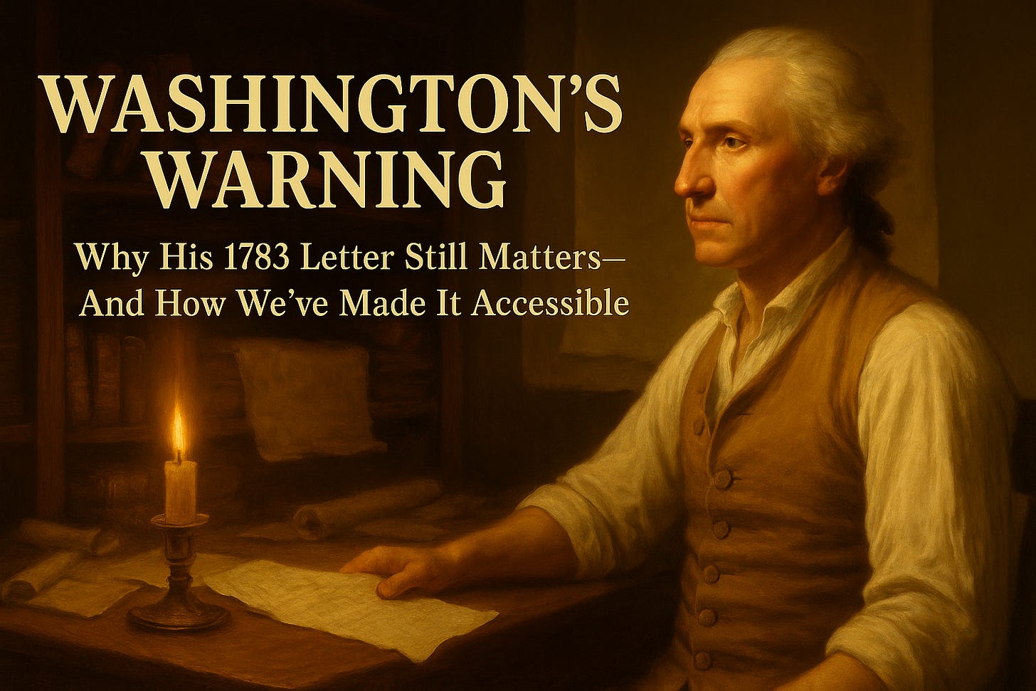 "Washington’s Warning – Why His 1783 Letter Still Matters—And How We’ve Made It Accessible" shown over an image of George Washington writing by candlelight in 1783.