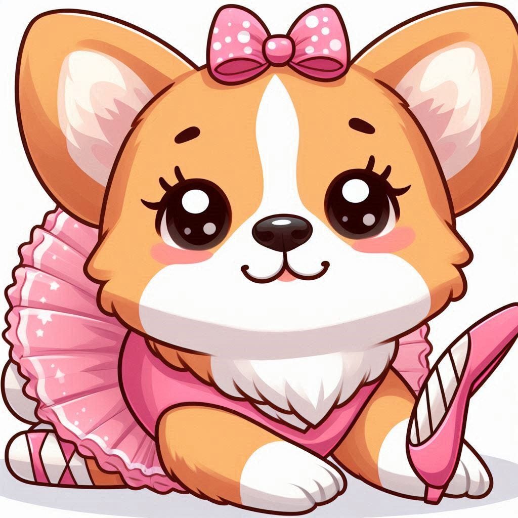 cartoon illustration of a Corgipoo in a ballerina costume cartoon illustration of a Corgipoo in a ballerina costume