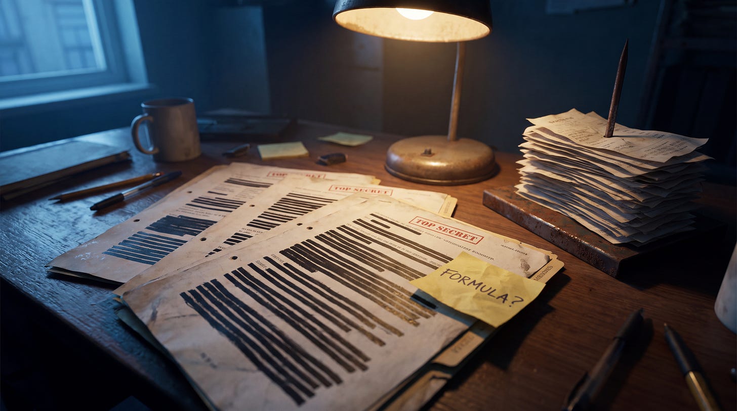 A dimly lit wooden desk under the warm glow of a desk lamp. In the center are three pages of official documents, heavily blacked out with thick redaction lines and stamped "TOP SECRET" in red. A yellow sticky note attached to the top page has the word "FORMULA?" handwritten on it. To the right, a rusty metal desk spike is overflowing with a tall stack of crumpled receipts. The scene is moody and cinematic, suggesting late-night investigative research.