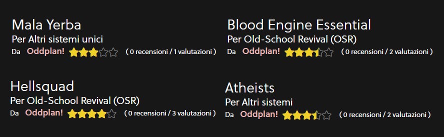 A screenshot displaying four games with their titles, descriptions, and ratings on a dark background.  Mala Yerba:0 reviews/1 rating Blood Engine Essential: 0 reviews/2 ratings Hellsquad:0 reviews/3 ratings Atheists: 0 reviews/2 ratings