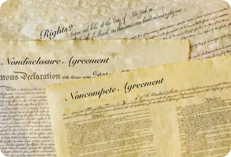 America's founding documents on parchment altered with the headings Non-Compete Agreenement and Non-Disclosure Agreement.