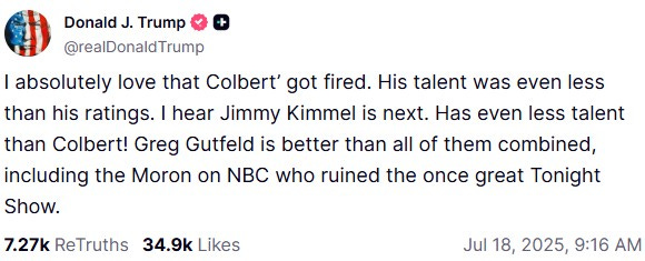 Go f–k yourself': Stephen Colbert responds to Trump's joy over cancellation  - National | Globalnews.ca