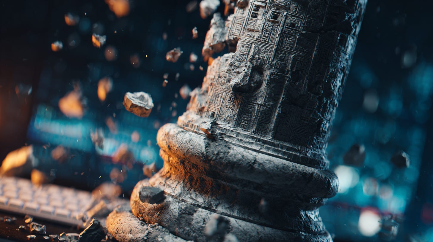 A crumbling Roman marble column mid-collapse, its fractured surface etched with faint circuit board patterns, set against the dark backdrop of a modern developer workspace 