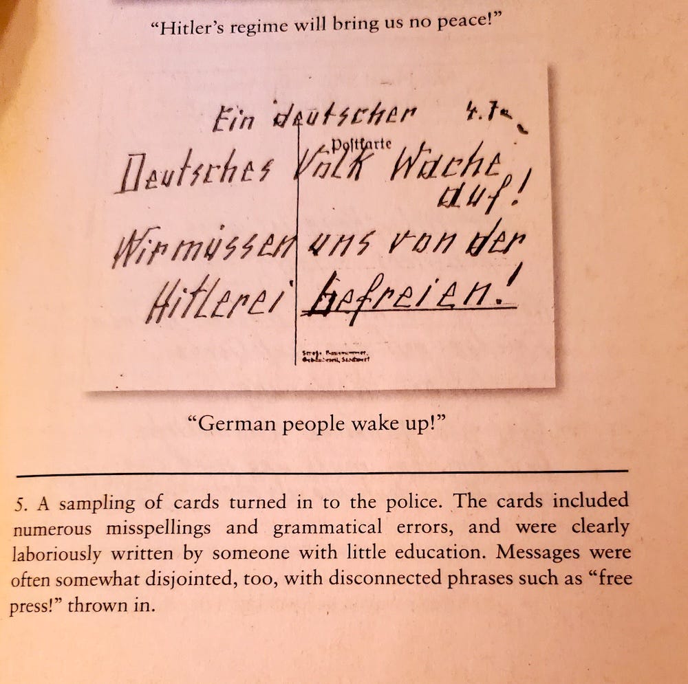 A real example postcard written by the couple who inspired "Every Man Dies Alone," as printed in the book's appendix. This one reads, in part, "German people, wake up!"