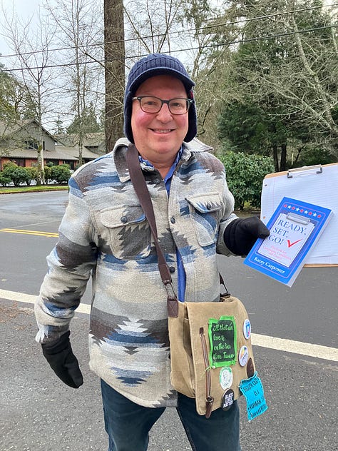 Image of book chapter, scan code, and author holding a clipboard and book, wearing an organizers bag, and walking the streets for change