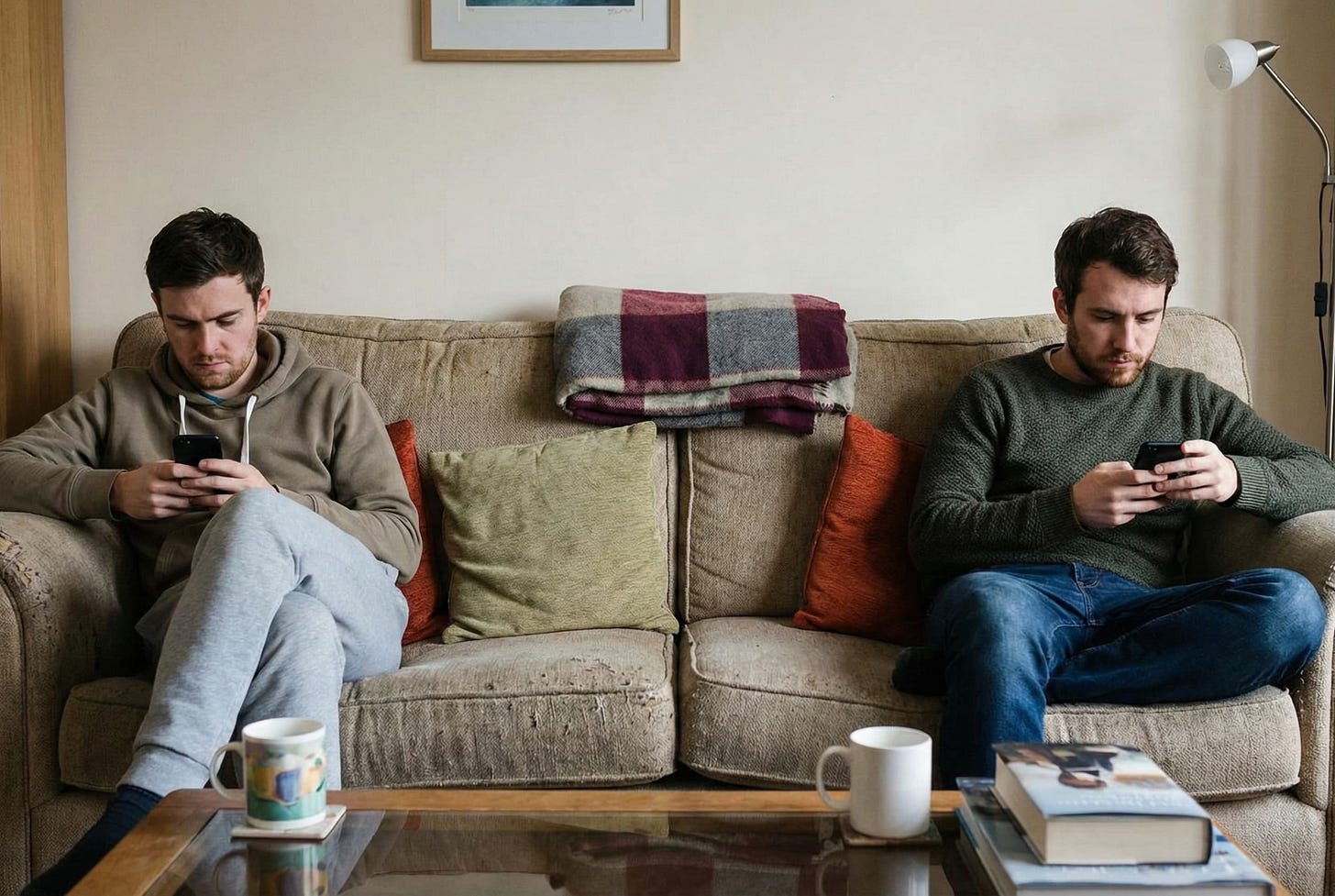 Two men on a couch, both on phones. Two men on a couch, both on phones.