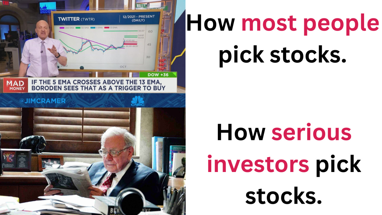 Comparison of how most people versus serious investors pick stocks — showing a TV analyst using charts for short-term trading versus a long-term investor reading financial filings. Highlights fundamental analysis, 10-K reading, and research-based investing.
