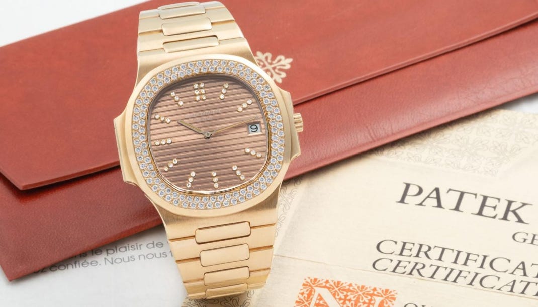 PATEK PHILIPPE, SWITZERLAND, REF. 3700/13, “JUMBO” NAUTILUS, PROBABLY UNIQUE, ONLY ONE KNOWN PINK GOLD DIAL, DIAMOND INDEXES
