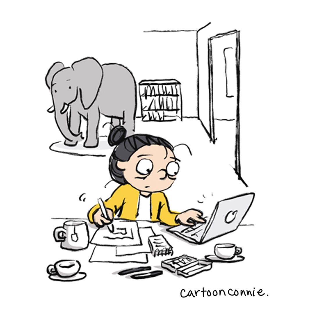 Illustration of a girl with a bun, working and drinking coffee and tea. Excerpt from a comic strip titled "Pep Talk in a Cup," 2025. Original art by Connie Sun, cartoonconnie