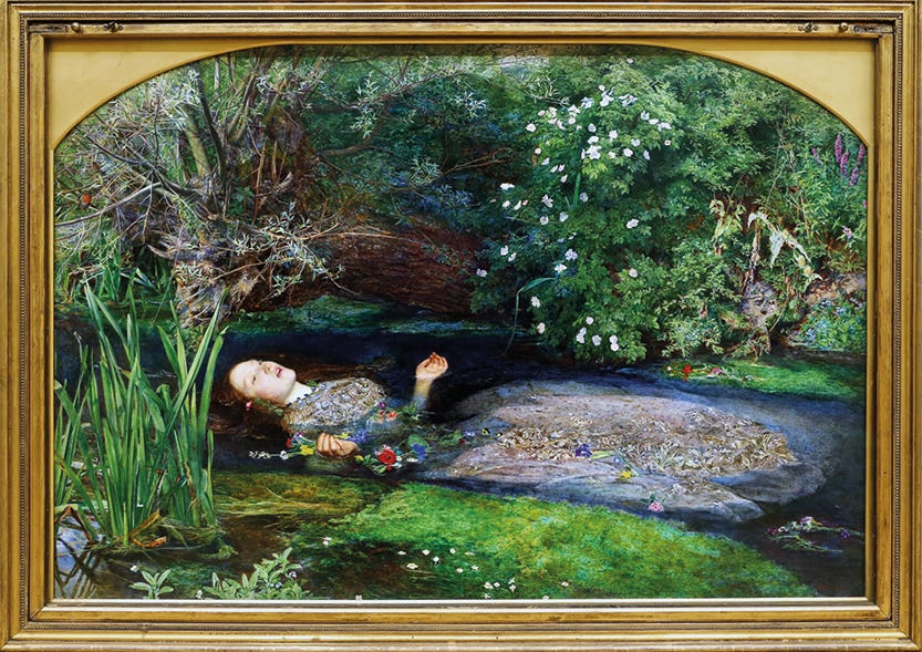 Pessoa deitada em água rasa próxima a rochas e vegetação, com flores coloridas espalhadas ao seu redor, cercada por árvores, arbustos com flores brancas, plantas aquáticas e um tronco caído, em composição que evoca um cenário natural de floresta ou jardim com curso d'água. Pessoa deitada em água rasa próxima a rochas e vegetação, com flores coloridas espalhadas ao seu redor, cercada por árvores, arbustos com flores brancas, plantas aquáticas e um tronco caído, em composição que evoca um cenário natural de floresta ou jardim com curso d'água.