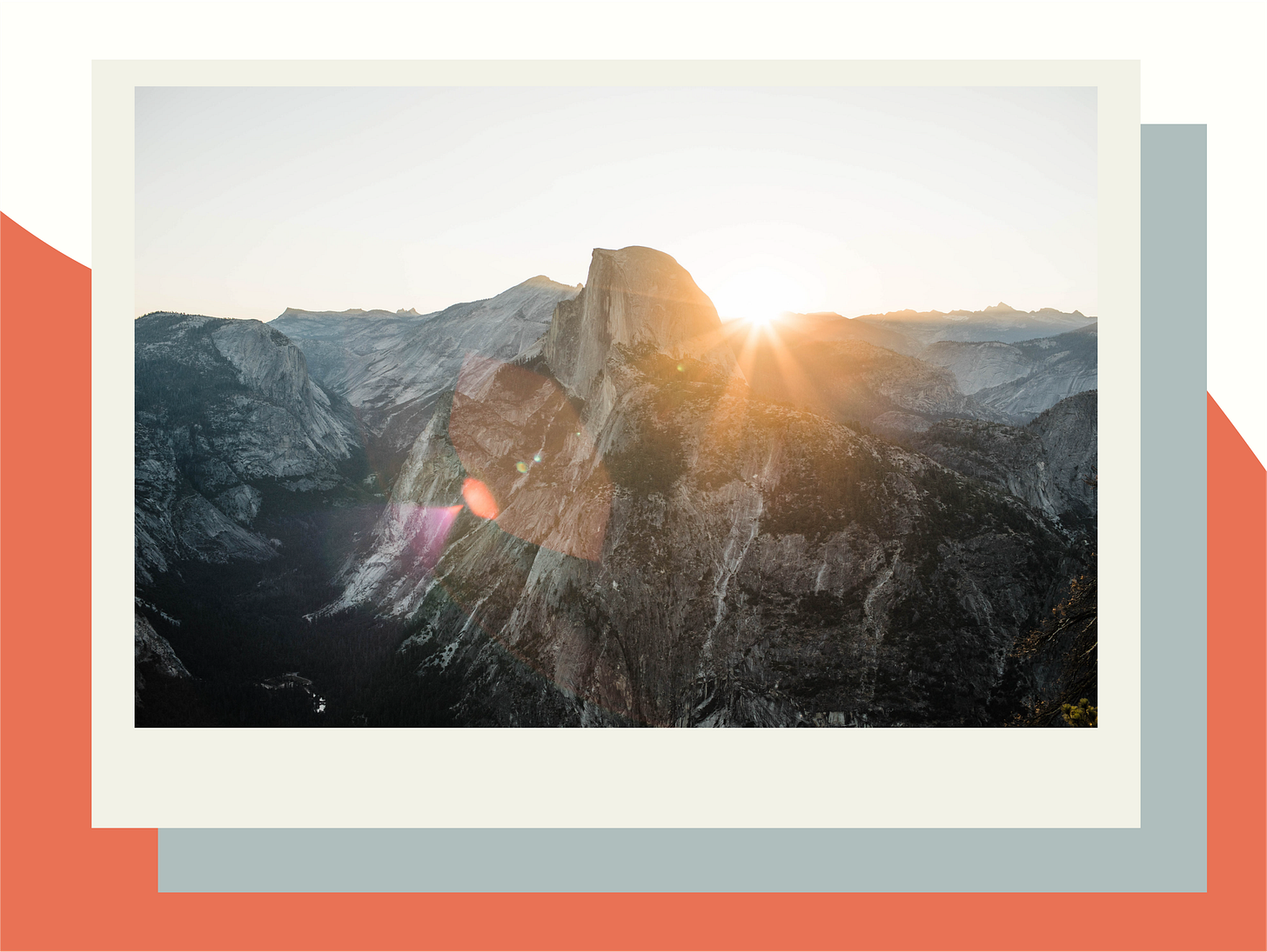 sun rising over the mountains from the Glacier Point hiking trail