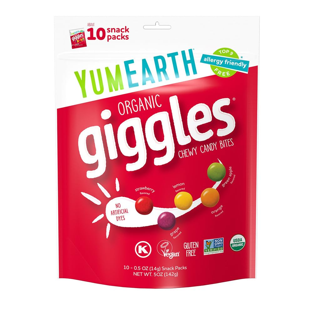 a bag of YumEarth Organic Giggles Chewy Candy on a white backround