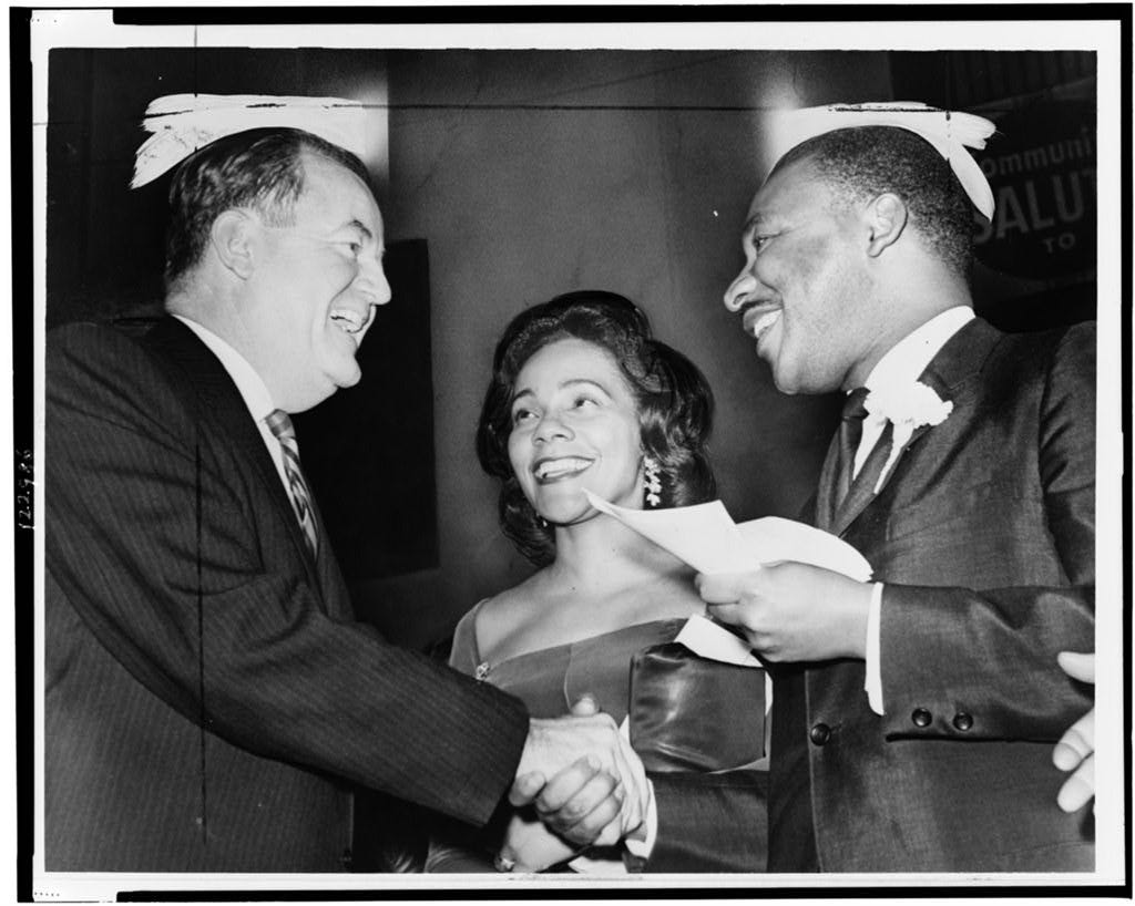 Vice President-elect Hubert Humphrey shaking hands with Dr. King, as Mrs.  King looks on, at a rally at Harlem's 369th Regiment Armory] / World  Telegram & Sun photo by O. Fernandez. |