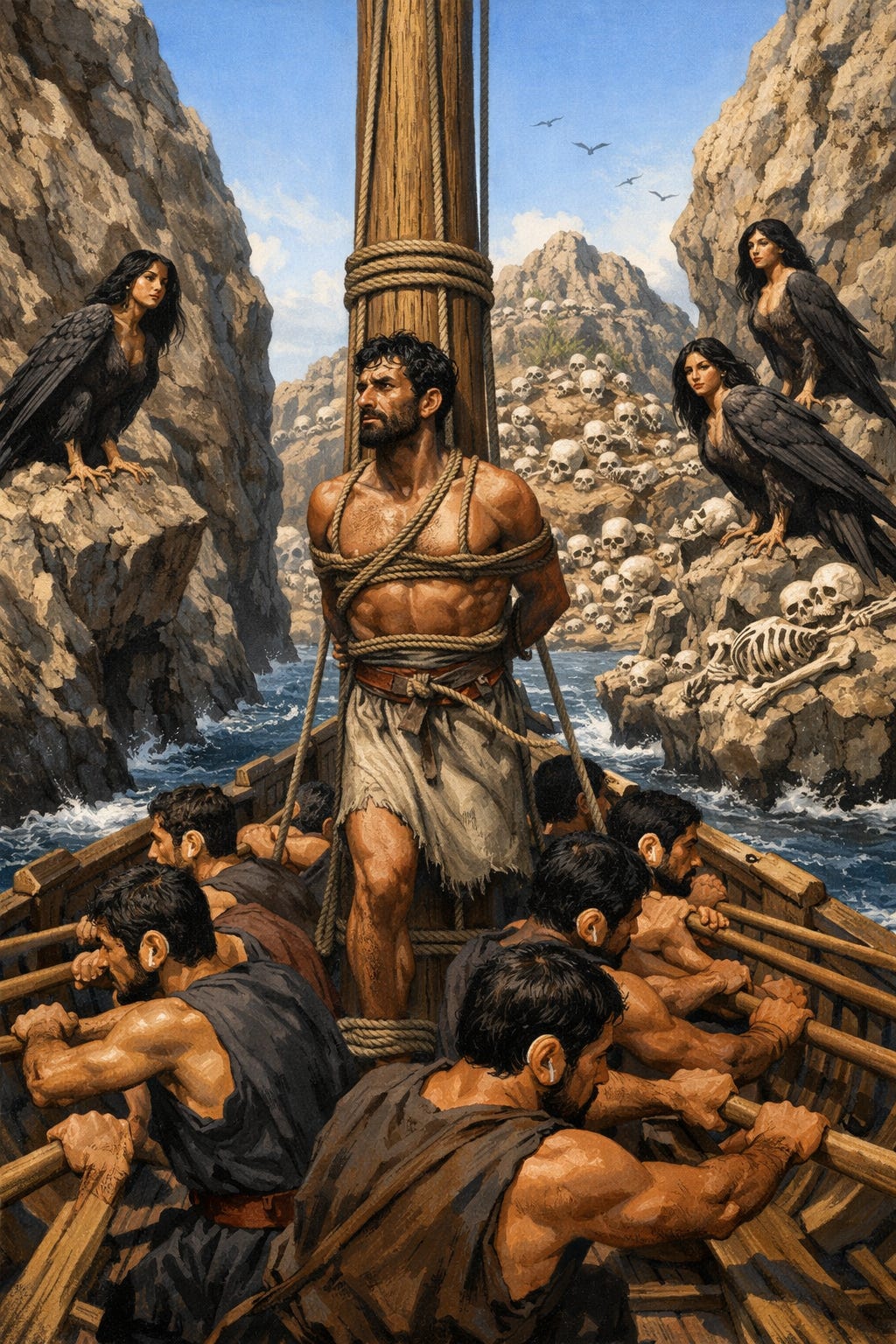 Odysseus bound to the mast with sirens on rocks