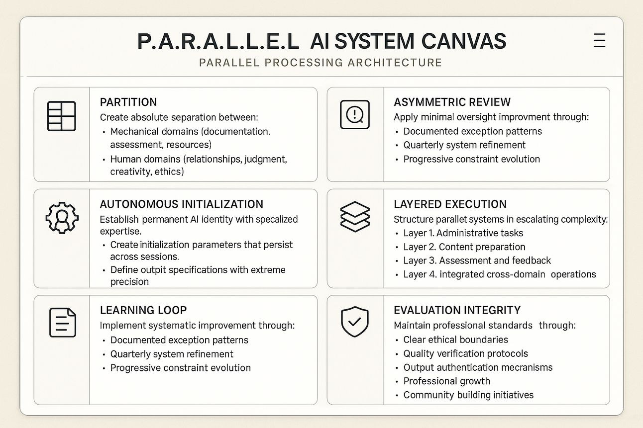 Vertical infographic listing each step—Partition, Autonomous Initialization, Recurring Cycles, Asymmetric Review, Learning Loop, Layered Execution, Evaluation Integrity, Liberation Focus—with simple icons and brief descriptions.