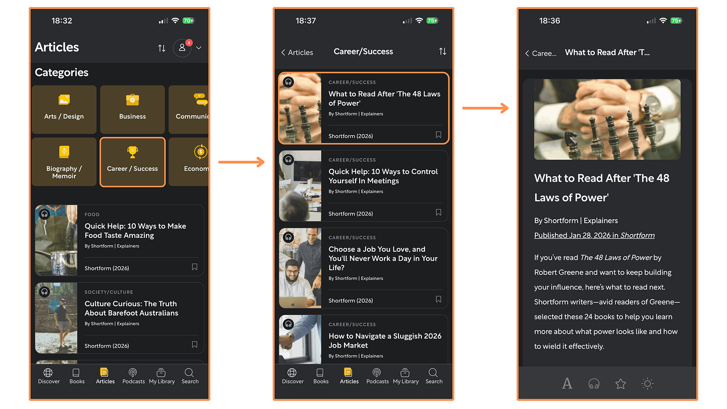Shortform’s Articles (mobile app + dark mode)
