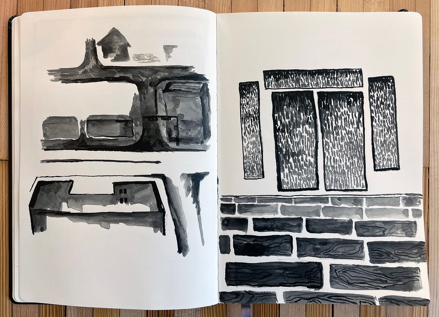 Gouache paintings in sketchbook. Left: a loose bird’s eye view of the apartment building and the street. Right: interior of the apartment.
