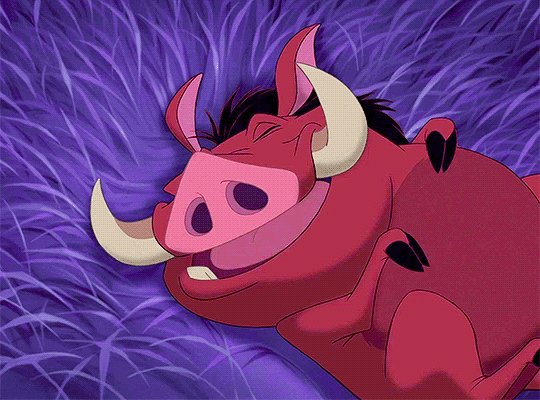 Un fotogramma d'animazione che mostra Pumbaa, il facocero del film Disney "Il Re Leone", mentre dorme serenamente a pancia in su. Ha la pelle marrone-rossastra, un grande muso rosa con narici evidenti, gli occhi chiusi in un'espressione rilassata e un ampio sorriso che lascia intravedere un dente inferiore. Dalle guance spuntano due lunghe zanne ricurve verso l'alto, mentre una criniera di peli neri gli incornicia la testa tra le grandi orecchie appuntite. È sdraiato su un soffice letto di erba alta dalle tonalità viola e blu scuro, con le zampe anteriori dai neri zoccoli piegate sul petto. Un fotogramma d'animazione che mostra Pumbaa, il facocero del film Disney "Il Re Leone", mentre dorme serenamente a pancia in su. Ha la pelle marrone-rossastra, un grande muso rosa con narici evidenti, gli occhi chiusi in un'espressione rilassata e un ampio sorriso che lascia intravedere un dente inferiore. Dalle guance spuntano due lunghe zanne ricurve verso l'alto, mentre una criniera di peli neri gli incornicia la testa tra le grandi orecchie appuntite. È sdraiato su un soffice letto di erba alta dalle tonalità viola e blu scuro, con le zampe anteriori dai neri zoccoli piegate sul petto.