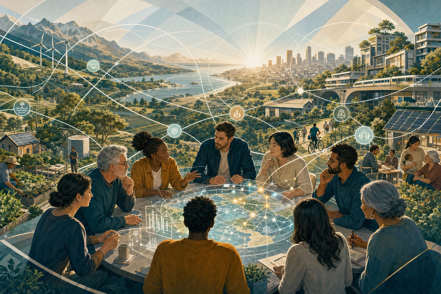 A diverse group of people studies a transparent map connecting communities, nature, energy and transport while an understated AI layer helps reveal the relationships.