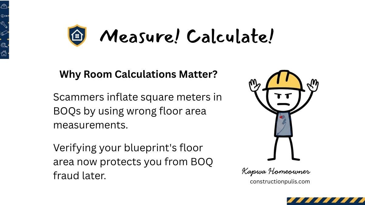Construction Pulis shield logo with text "Measure! Calculate! Why Room Calculations Matter? Scammers inflate square meters in BOQs by using wrong floor area measurements. Verifying your blueprint's floor area now protects you from BOQ fraud later." Frustrated Kapwa Homeowner with hands raised. Construction Pulis shield logo with text "Measure! Calculate! Why Room Calculations Matter? Scammers inflate square meters in BOQs by using wrong floor area measurements. Verifying your blueprint's floor area now protects you from BOQ fraud later." Frustrated Kapwa Homeowner with hands raised.