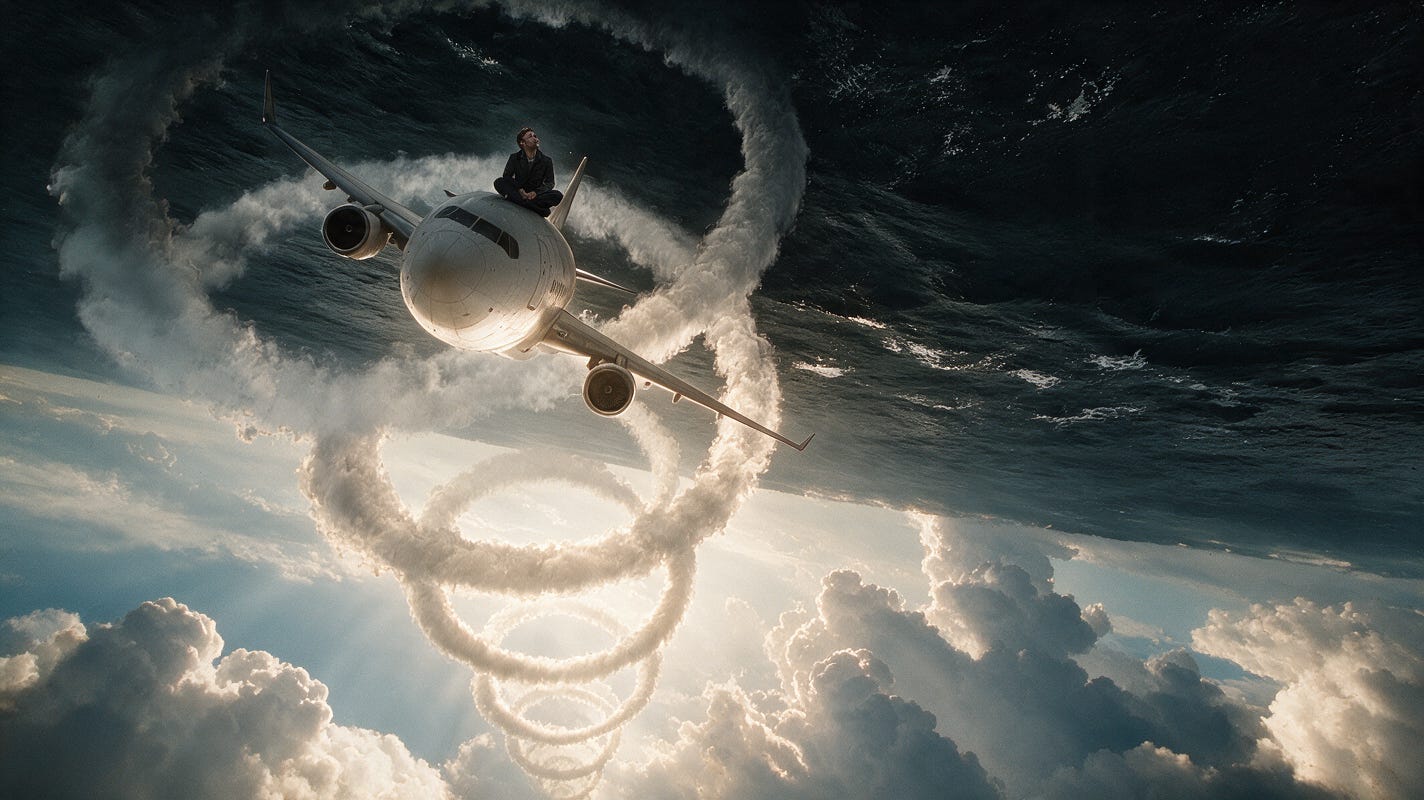 A white airliner climbs nose up through an upside-down world, a spiral vapour trail coiling behind it back toward sunlit clouds at the bottom of the frame, a dark stormy sea overhead at the top. A man in a dark coat sits calmly on top of the fuselage, looking up at the water.