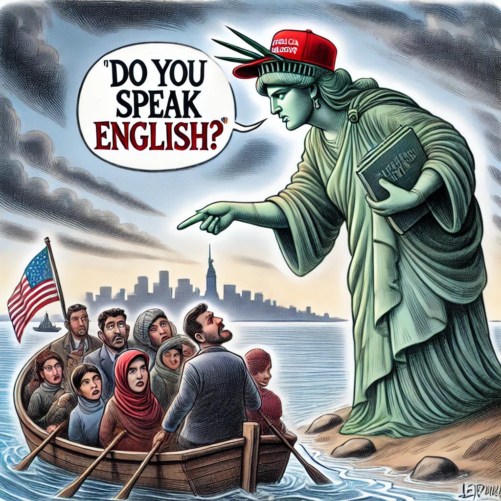 A political cartoon featuring the Statue of Liberty wearing a red baseball cap, bending down and leaning toward a small boat filled with immigrants arriving at the shore. She has an indignant expression and is sternly asking, 'Do you speak English?' The immigrants in the boat look confused, hopeful, or uncertain. The scene highlights the contradiction between America's historic welcoming message and modern language-based restrictions on immigration. The background features the ocean and a distant city skyline, symbolizing arrival in the United States.