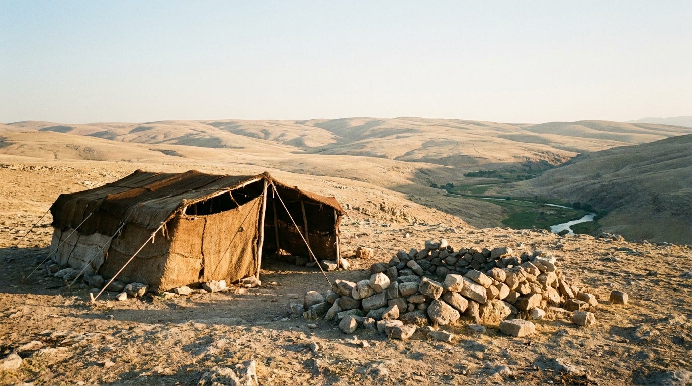 A wide dry Bronze Age highland at golden evening light seen from a bare ridge, pale hill country rolling away to the north and south under a vast clear sky, a single small goat-hair tent and a low pile of uncut altar stones on the near ground, a green river valley just visible far below to the east, warm raking light, no people, no faces, no text A wide dry Bronze Age highland at golden evening light seen from a bare ridge, pale hill country rolling away to the north and south under a vast clear sky, a single small goat-hair tent and a low pile of uncut altar stones on the near ground, a green river valley just visible far below to the east, warm raking light, no people, no faces, no text