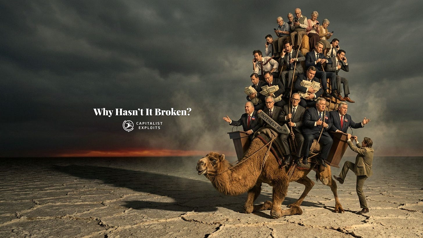 Overloaded camel carrying businesspeople in desert with Why Hasn't It Broken text