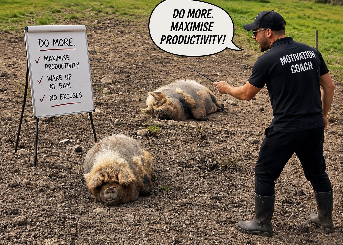 A motivational coach points towards two woolly pigs resting in a muddy field beside a flip chart reading “Do more”, “Maximise productivity”, “Wake up at 5am” and “No excuses”. A motivational coach points towards two woolly pigs resting in a muddy field beside a flip chart reading “Do more”, “Maximise productivity”, “Wake up at 5am” and “No excuses”.