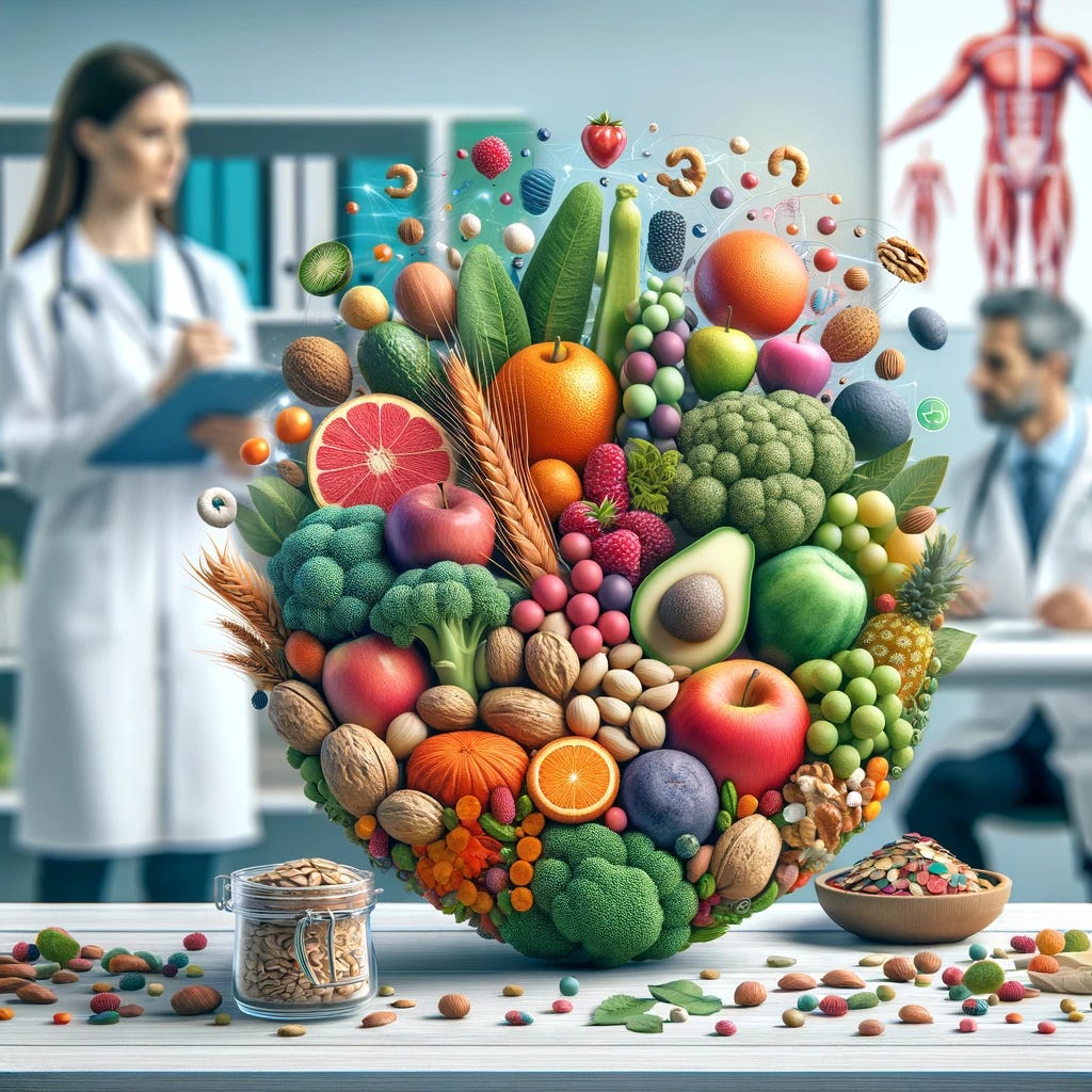 A visually engaging scene illustrating the benefits of a plant-based diet for prostate cancer patients. The image features a variety of colorful fruits, vegetables, whole grains, and nuts arranged in an appealing manner. In the background, a medical setting is subtly integrated, with healthcare professionals discussing a patient's health. The overall scene should convey health, nutrition, and medical care without using any alphabets or numbers.