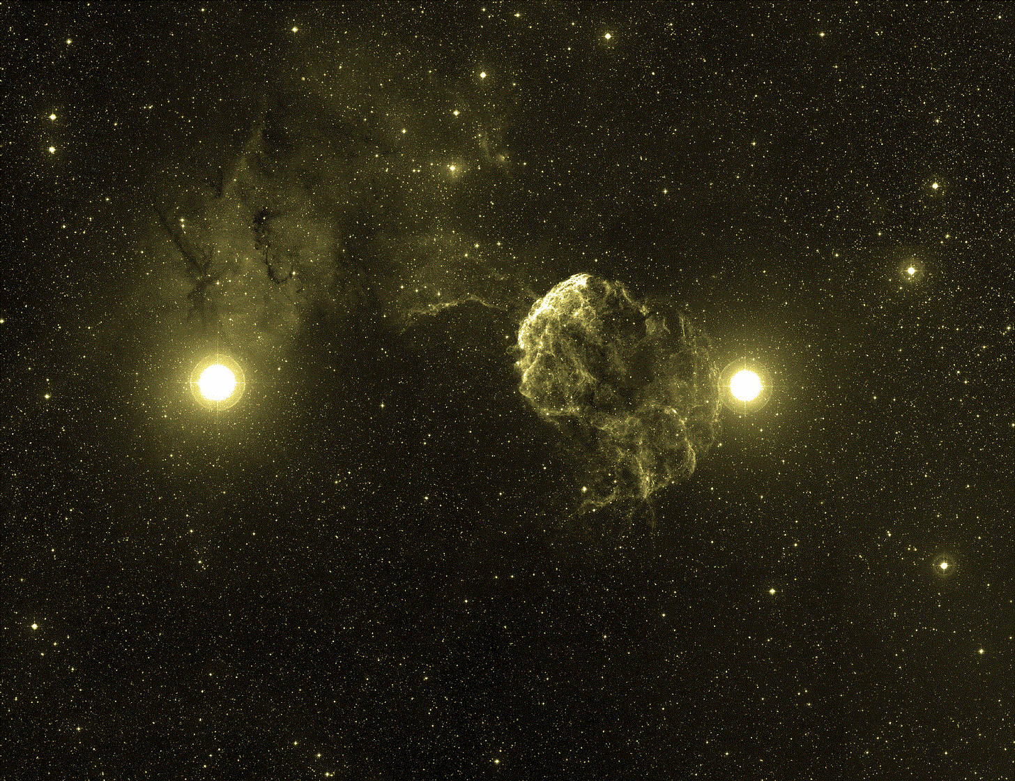 Yellow-tinted image of a star field featuring a bright nebula at center right, where separated stars were once torn apart but are now highlighted by the remnants of reunited supernovae, all surrounded by numerous stars against a dark background. Yellow-tinted image of a star field featuring a bright nebula at center right, where separated stars were once torn apart but are now highlighted by the remnants of reunited supernovae, all surrounded by numerous stars against a dark background.