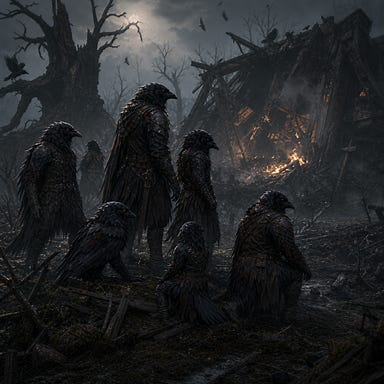 Martikov family near ruins of hut