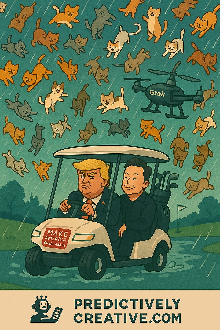 “Cartoon of Trump and Kim Jong-un riding in a golf cart with a ‘Make America Great Again’ bumper, as cats and dogs fall from the sky.” “Patterned blue background filled with cartoon cat and dog faces, raindrops, and paw prints — playful illustration of ‘raining cats and dogs.’”