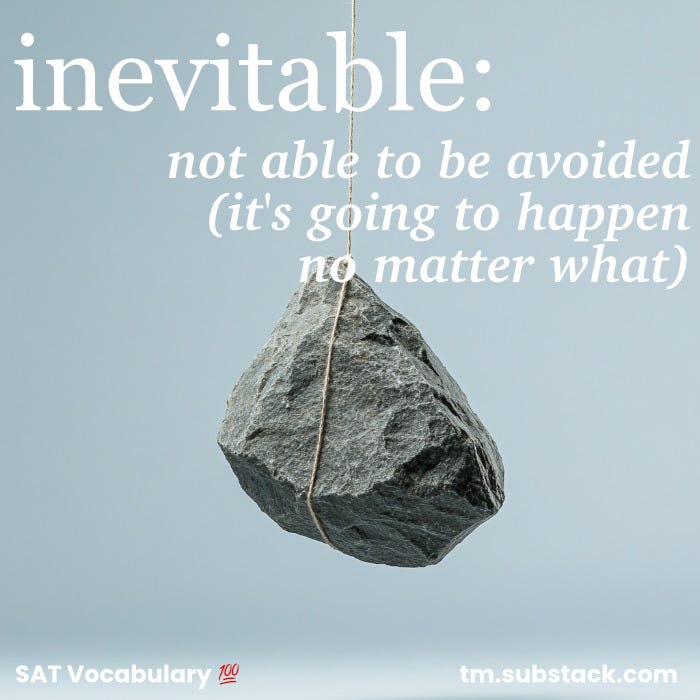 A boulder dangling from a thin rope; used to illustrated the SAT word 'inevitable'.