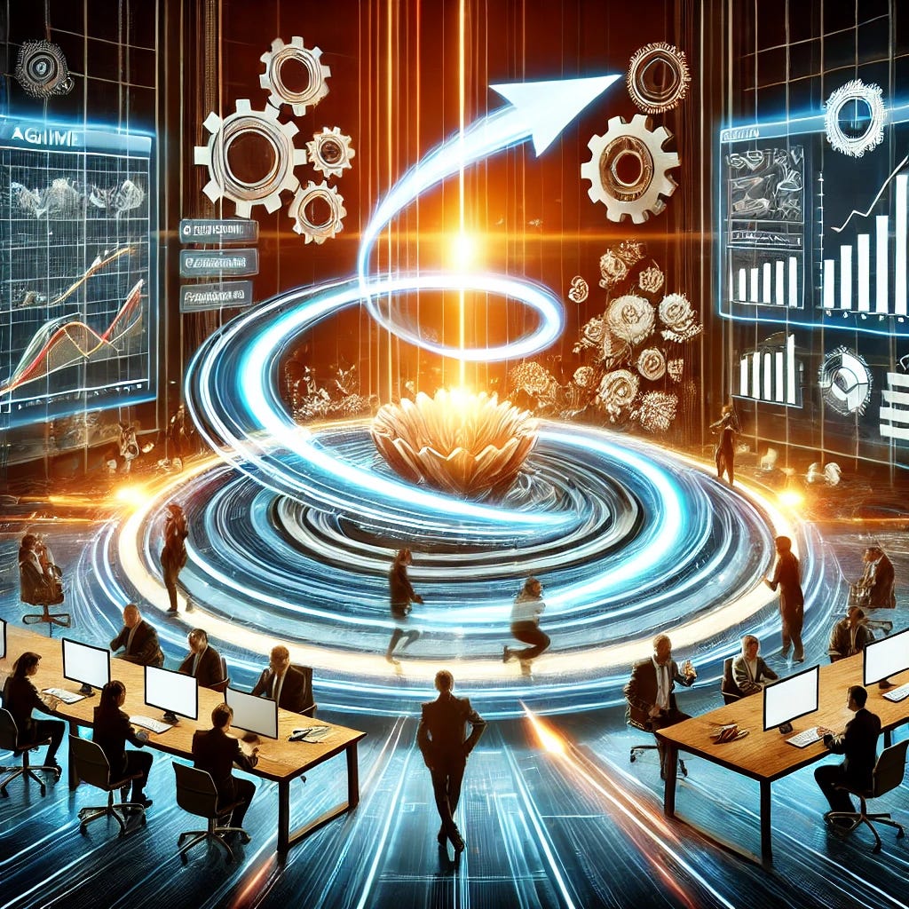 An artistic representation of agility in business, showcasing a futuristic office environment with people collaborating in a circular workspace. The scene includes dynamic arrows and glowing pathways connecting individuals, representing rapid adaptation and communication. Background elements like digital screens displaying charts and Kanban boards, alongside gears and a flowing spiral, emphasize innovation and continuous improvement.