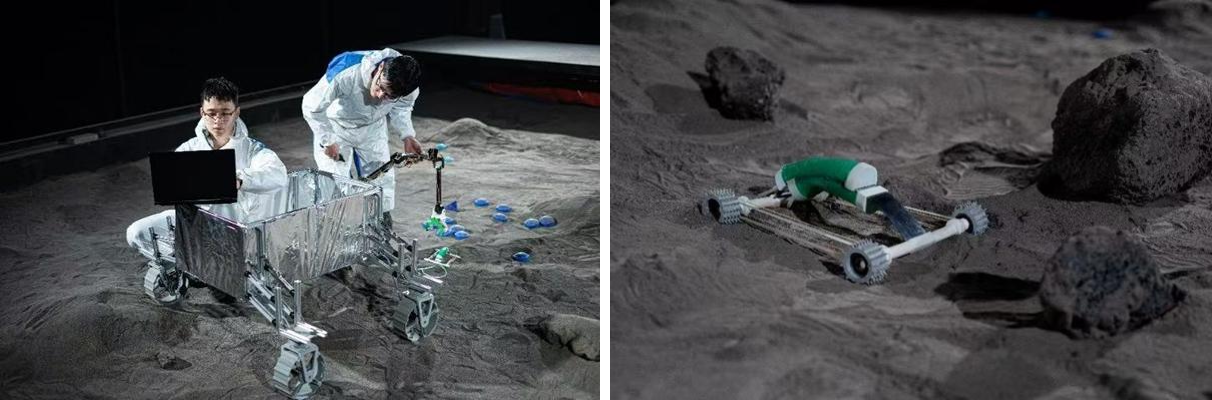 Students with their Moon rover (left) and hopping vehicle (right) in a simulated lunar environment. Students with their Moon rover (left) and hopping vehicle (right) in a simulated lunar environment.
