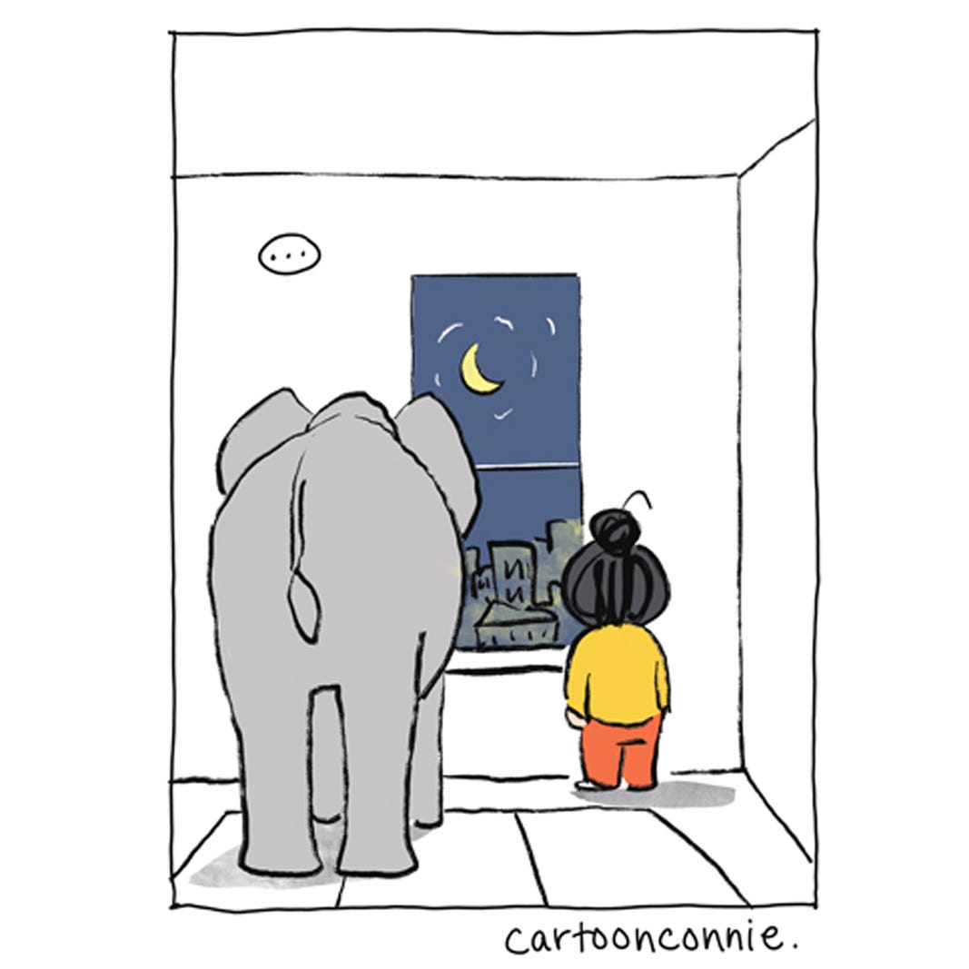 Panel 3 Panel 1 of 7 of a 2-page comic strip about managing worries, illustrating a cartoon girl with a bun talking to an elephant and preparing food. To get through the day, she has to separate her stresses and worries into different buckets. Titled "Different Buckets," original artwork by Connie Sun, cartoonconnie, 2026.