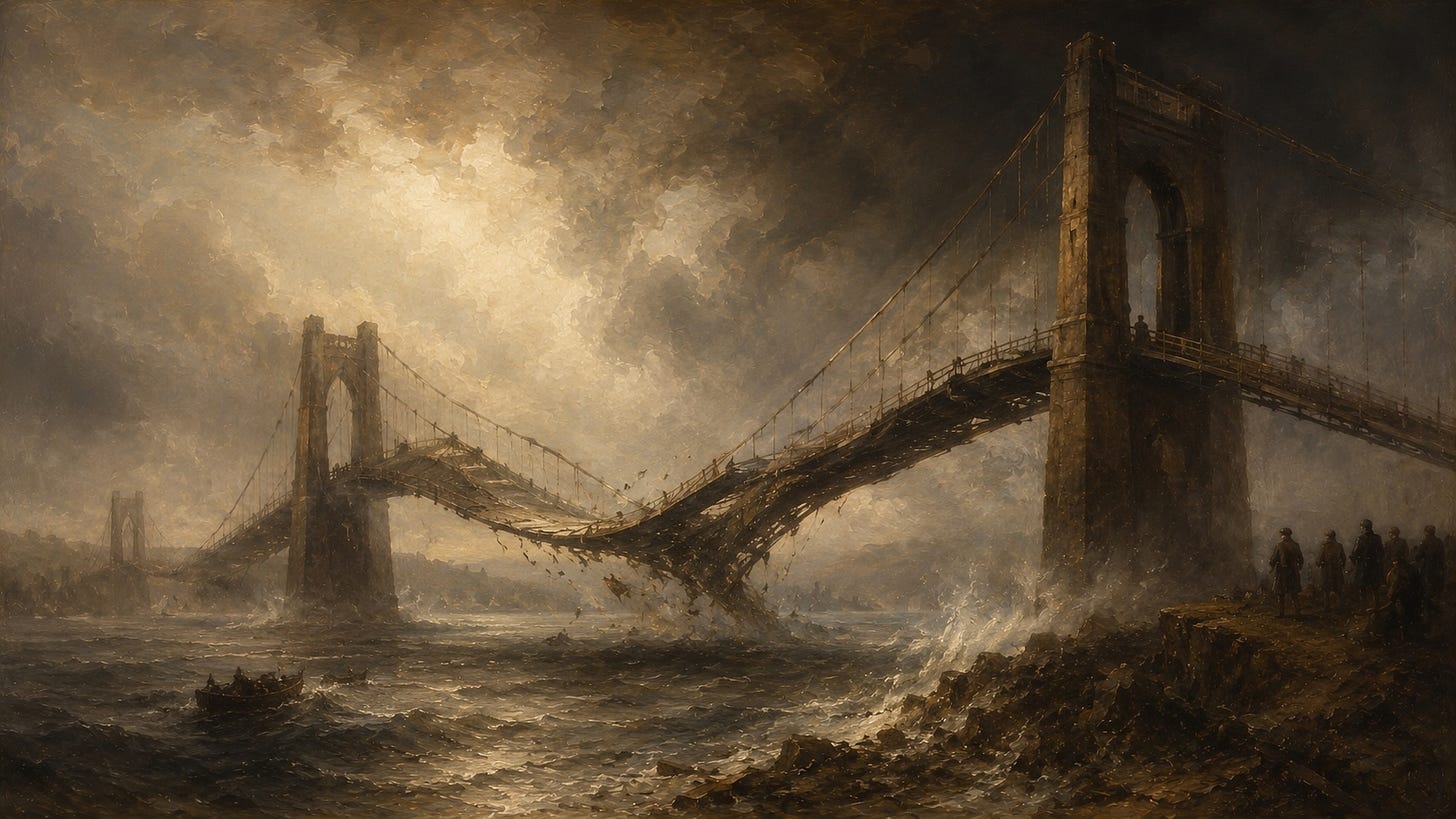 A dramatic oil painting of a suspension bridge collapsing above dark stormy water beneath heavy clouds. The central roadway twists violently in opposite directions while spray and mist rise from the river below. Small figures stand on the rocky shoreline watching the elegant structure fail under storm light, rendered in rich chiaroscuro with deep browns, greys, and amber highlights.