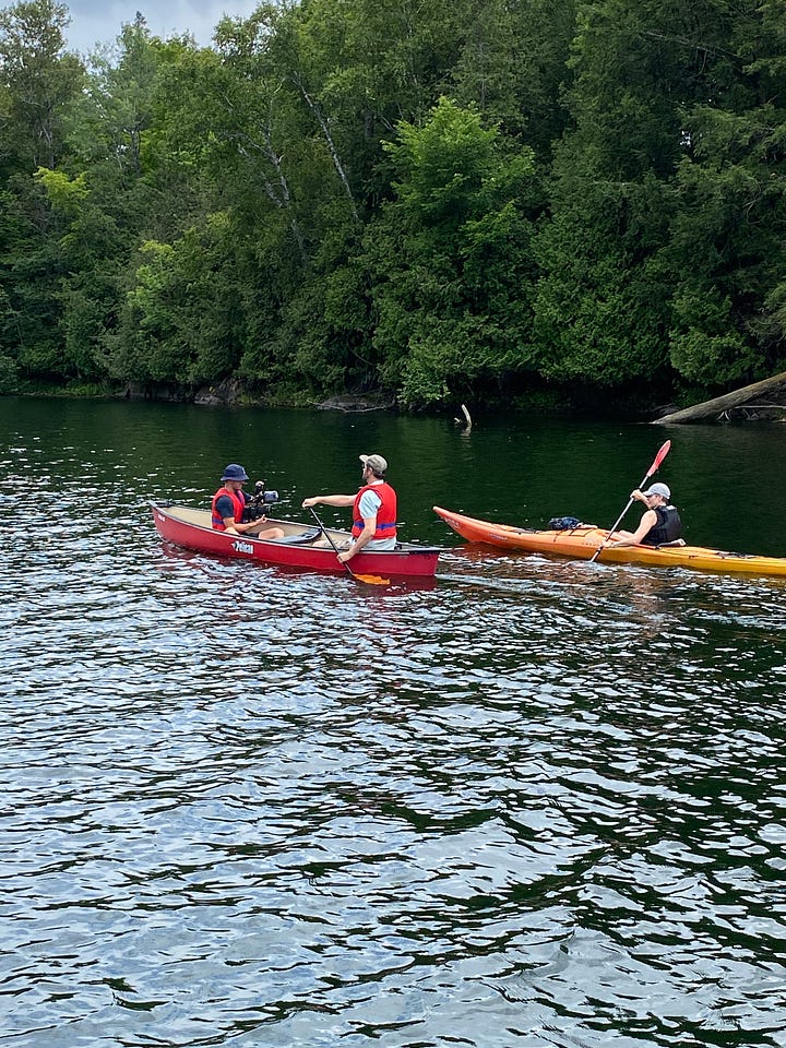 Left: Samantha from Val-des-Monts interviewing a volunteer on camera. Right: Nik from Water Rangers steering the canoe while I film a volunteer in her kayak.