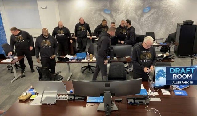 r/detroitlions - Everyone in the draft room wearing "positional villain" hoodies