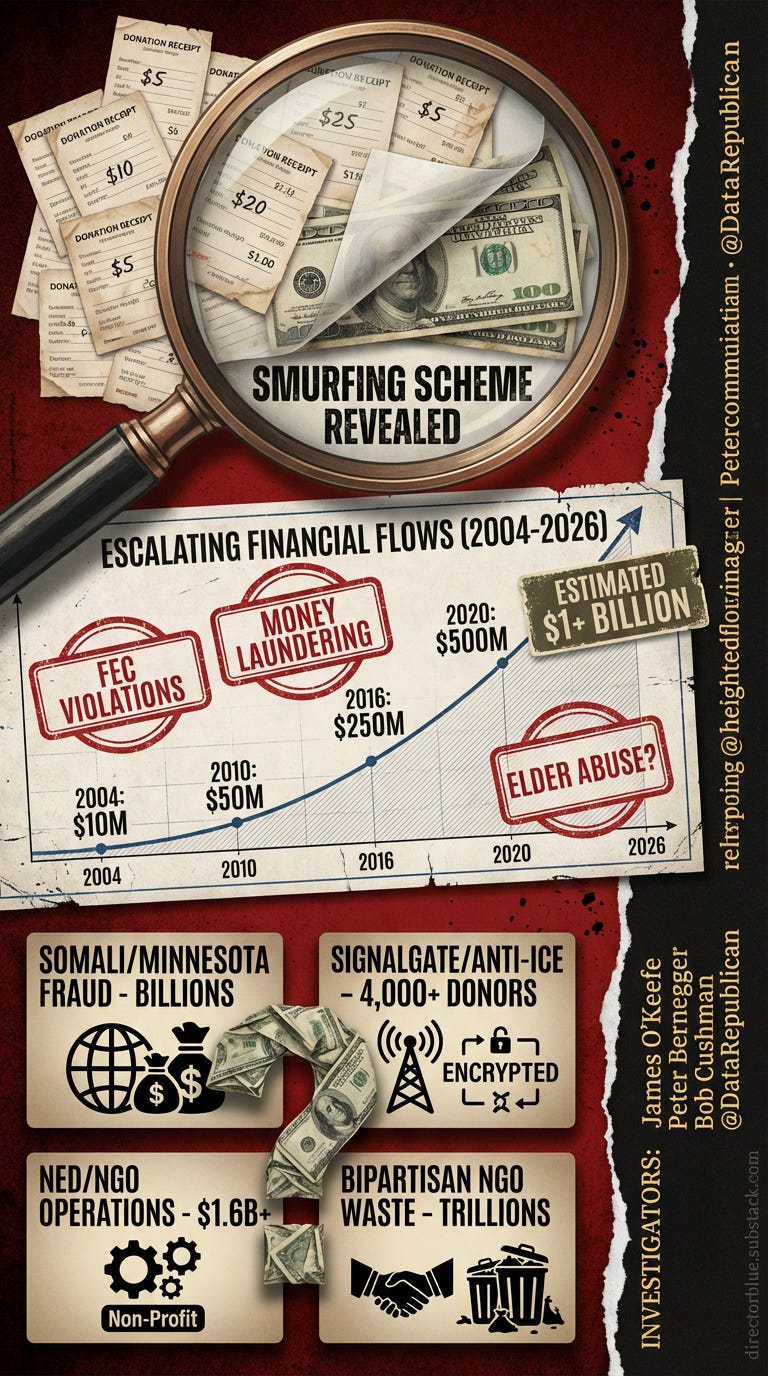Detailed PromptA dramatic vertical infographic combining crime investigation aesthetics with political scandal imagery Top section shows a magnifying glass examining small donation receipts revealing hidden large bills (100s) underneathvisua_image_1