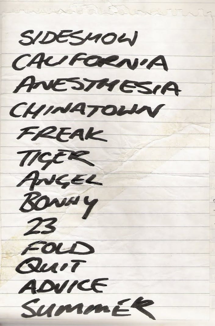 Luna set-list, 1993 (photo: David Rose)